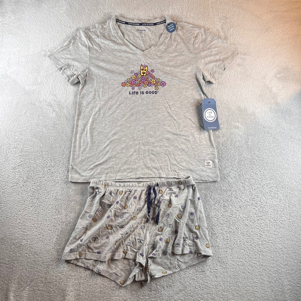 Life is Good Sleep Gray Floral Dog Pajama Set V-Neck Shirt Shorts Womens M NWT